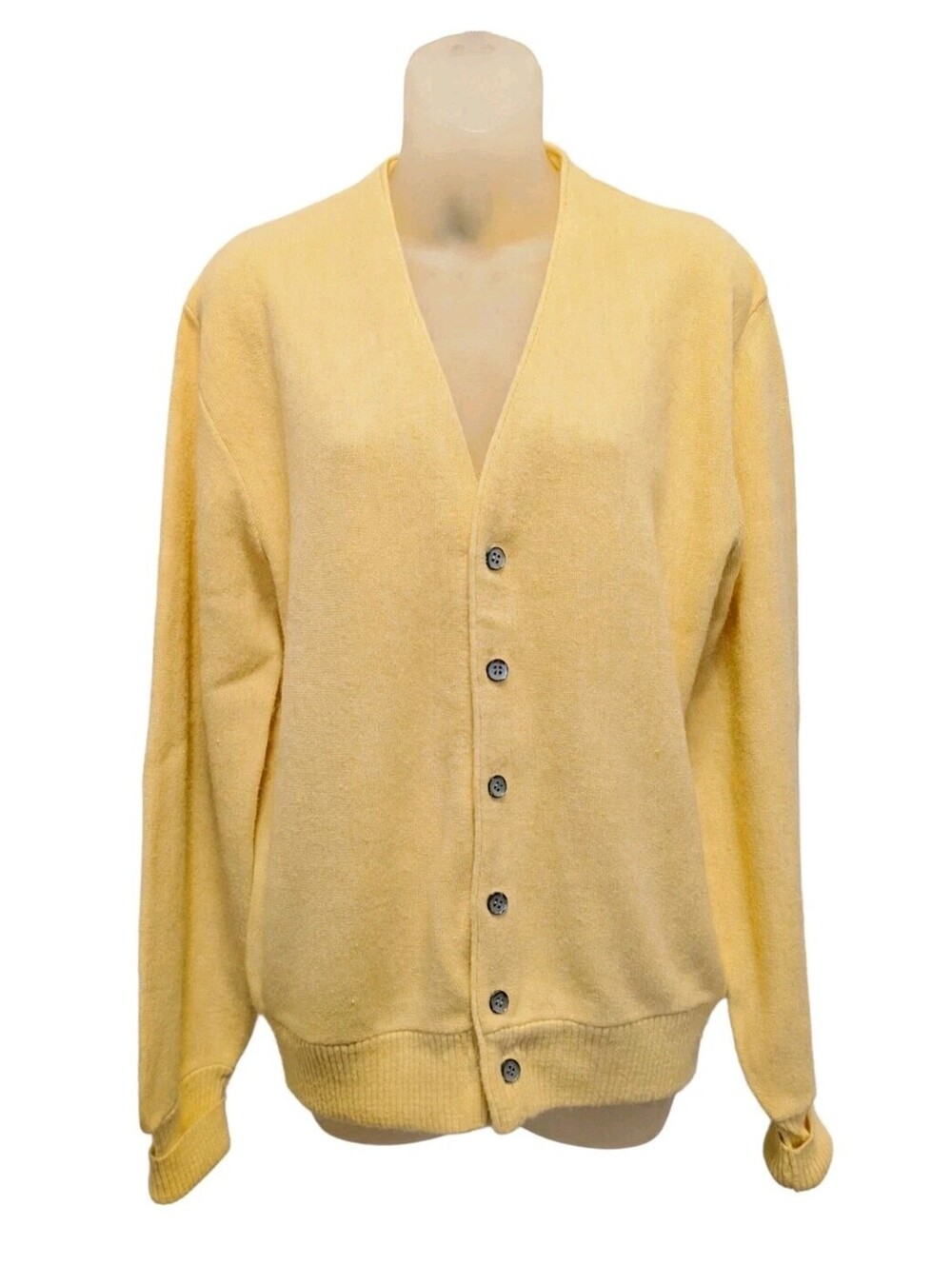 Vtg 60s 70s Grandpa Pastel Cardigan Yellow Orlon Acrylic V Neck Button Men